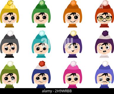 Set di avatar bambino con grandi occhi e ampio sorriso e diverse emozioni in cappello con pompom. Bambino carino con faccia gioiosa, triste o arrabbiata in headdress di inverno Illustrazione Vettoriale