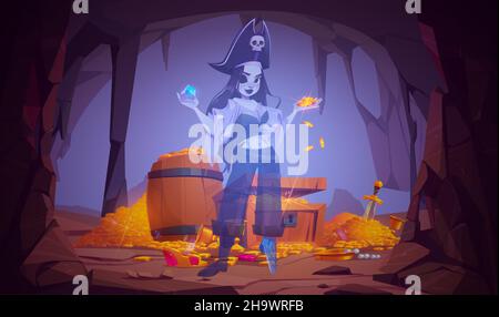 Fantasma di ragazza pirata in grotta con tesoro. Illustrazione vettoriale di cartoni animati della miniera di roccia con petto di legno con ricchezze, pile di monete d'oro, gemme e spirito di capitano donna morta. Halloween sfondo spoky Illustrazione Vettoriale