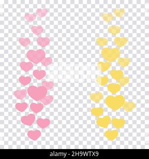 Un insieme di mi piace nel live stream è un cuore icona volante. Il contatore utenti mi piace per i video online. Cuori rosa e giallo in elegante color pastello co Illustrazione Vettoriale