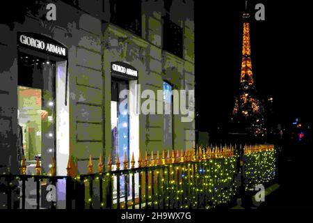 Illuminazione dei marchi di lusso durante la stagione natalizia su Avenue Montaigne, Parigi, Francia il 8 dicembre 2021. Foto di Jana Chiamami J/ABACAPRESS.COM Foto Stock