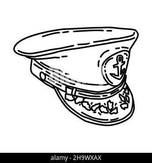 Navy Officer Soldier Hat parte di militare e Navy Force Equipments disegno a mano icona Set Vector. Illustrazione Vettoriale