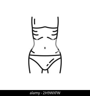 Icona del profilo del controllo del peso, pittogramma linea sottile della vita della donna skinny. Bulimia, anoressia o disturbi alimentari problema del pittogramma vettoriale. Nutrizione sana Illustrazione Vettoriale