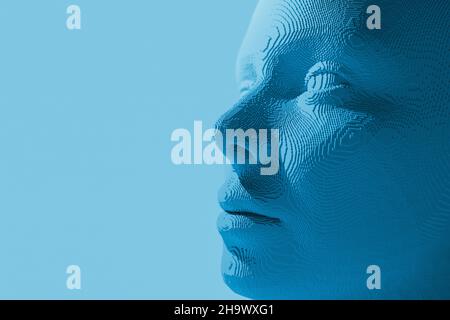 Testa umana pixelata 3D. Concetto di intelligenza arteficana. 3D rendering. Foto Stock