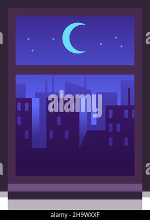Paesaggio urbano notturno nella cornice della finestra. Vista da casa Illustrazione Vettoriale