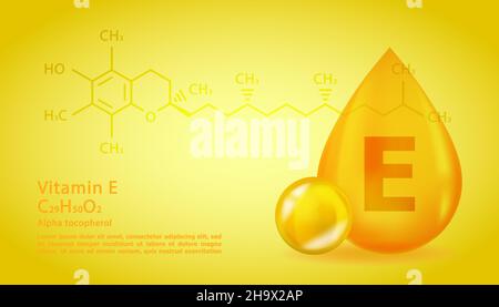 E Alfa Tocotrienolo goccia di vitamina realistico con formula chimica strutturale. 3D molecola di vitamina e Alfa Tocotrienolo disegno. Goccia capsula di pillola. Illustrazione Vettoriale