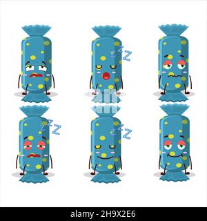 Personaggio cartoon di pacchetto caramella lungo blu con espressione sonnolenta. Illustrazione vettoriale Illustrazione Vettoriale