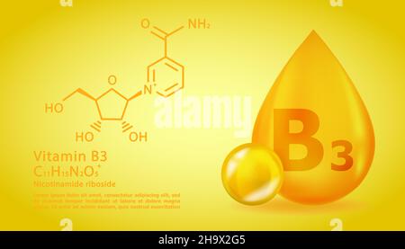 Realistico B3 nicotinamide riboside goccia di vitamina con formula chimica strutturale. 3D molecola di vitamina B3 disegno del riboside della nicotinammide. Goccia pillola Illustrazione Vettoriale