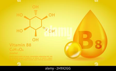 Realistico B8 inositolo goccia di vitamina con formula chimica strutturale. 3D molecola di vitamina B8 disegno di inositolo. Goccia capsula di pillola. Illustrazione Vettoriale