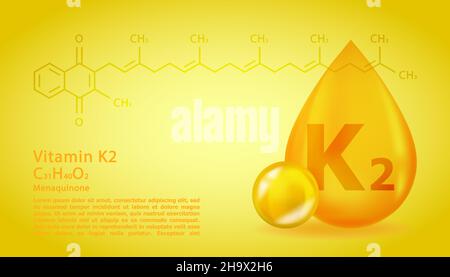 Realistico K2 Menaquinone goccia di vitamina con formula chimica strutturale. 3D molecola di vitamina K2 disegno di Menaquinone. Goccia capsula di pillola. Illustrazione Vettoriale