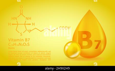 Realistico B7 Biotin goccia di vitamina con formula chimica strutturale. 3D molecola di vitamina B7 disegno di biotina. Goccia capsula di pillola. Illustrazione Vettoriale