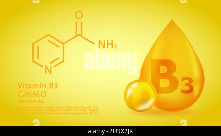 Realistico B3 nicotinamide goccia di vitamina con formula chimica strutturale. 3D molecola di vitamina B3 disegno di nicotinamide. Goccia capsula di pillola. Illustrazione Vettoriale