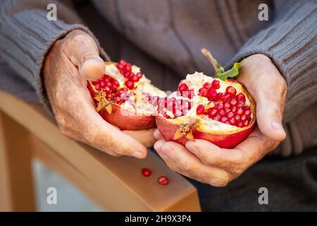 Melograno organico rotto maturo, tagliato a metà in mani senior. Fuoco selettivo, vista dall'alto. Foto Stock