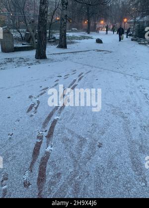 Berlino, Germania. 09th Dic 2021. Le impronte si possono vedere nella neve a terra in un parco a Prenzlauer Berg. Credit: Annette Riedl/dpa/Alamy Live News Foto Stock