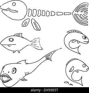 Pesce da disegno umoristico. Set vettoriale. Illustrazione Vettoriale