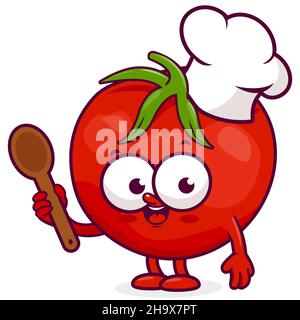 Cuocere il pomodoro con un cappello da chef che regge un cucchiaio da cucina. Cartone animato di pomodoro vegetale. Divertente personaggio di cucina. Foto Stock