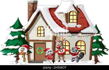 Animali in piedi di fronte alla casa d'inverno in tema illustrazione di Natale Illustrazione Vettoriale