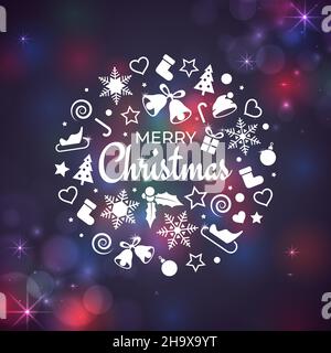 Buon Natale e felice anno nuovo biglietto di auguri. Elementi di design xmas su sfondo bokeh. Illustrazione vettoriale di natale. Design di banner Illustrazione Vettoriale