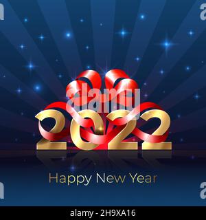 2022 Felice Anno Nuovo. Lucido dorato 2022 con nastro rosso, arco su sfondo blu. Biglietto di auguri per le festività. Nuovo anno di design per invito, saluto Illustrazione Vettoriale