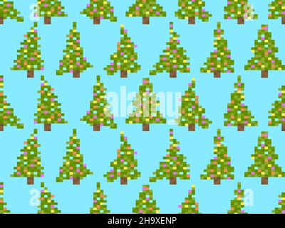 Pixel decorato alberi di Natale senza cuciture pattern. Albero di Natale a 8 bit nello stile di pixel art video giochi retrò. Disegno per la stampa, la carta da imballaggio Illustrazione Vettoriale