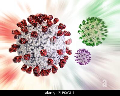 Covid-19, Varianti, Alpha, Beta, Gama, Delta, Omicron, Virus, Coronavirus. 3D Illustrazione del concetto di rendering. Epidemia, influenza, pandemia globale, epidemia Foto Stock