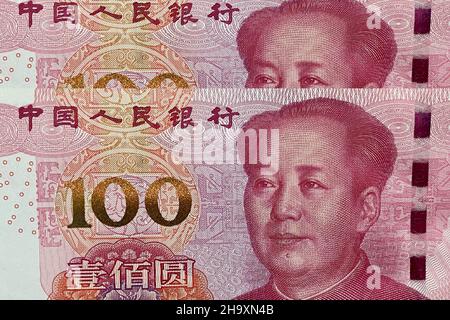 Primo piano dettagli di 100 renminbi (RMB, CNY, Yuan) fondo monetario, Banca popolare della Cina Foto Stock