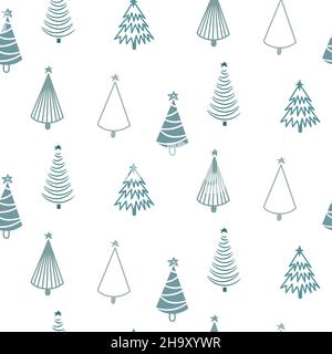 Alberi di Natale disegnati a mano verde su disegno bianco senza giunture per disegni di carte. Illustrazione Vettoriale