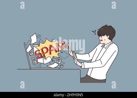 Lavoro giovane infelice sul computer frustrato con sovraccarico di informazioni su Internet. Un ragazzo stressato confuse stop spam o truffa sul portatile. Concetto di igiene digitale. Illustrazione vettoriale piatta. Illustrazione Vettoriale