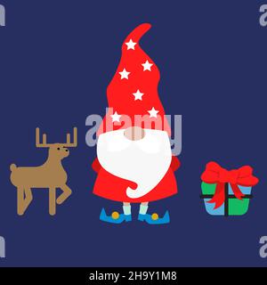 Gnome di Natale con illustrazione vettoriale del cervo. Inverno elf gnome con un regalo Illustrazione Vettoriale