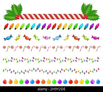 Collezione di simboli di Natale. Grande set di icone di Natale. Illustrazioni di cartoni animati stagionali isolate su bianco. Ornamento di festa e decorazioni. Div di natale Illustrazione Vettoriale