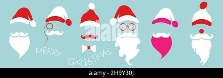 Babbo Natale moda hipster stile icone set. Cappelli di Santa, baffi e barba, bicchieri. Elementi di Natale per il tuo design natalizio. Vettore Illustrazione Vettoriale