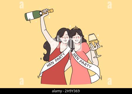 Sorridenti girlfriends bere champagne celebrare la festa di gallina insieme. Buone giovani donne vestite si divertono alla festa della bachelorette. Matrimonio e impegno. Sposa di essere. Illustrazione vettoriale piatta. Illustrazione Vettoriale