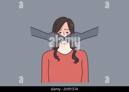 Le mani coprono la bocca della donna spaventata proibire il divieto di parlare o condividere pensieri. Le ragazze stressate soffrono di discriminazione di genere o di violenza domestica o abuso. Libertà di parola. Illustrazione vettoriale piatta. Illustrazione Vettoriale