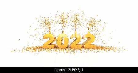 Biglietto d'auguri per l'anno 2022 con numero d'oro su sfondo bianco - resa 3D Foto Stock