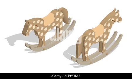 Cavallo isometrico a dondolo. Giocattolo in legno per bambini in asilo. Vettore realistico 3D isolato su sfondo bianco Illustrazione Vettoriale