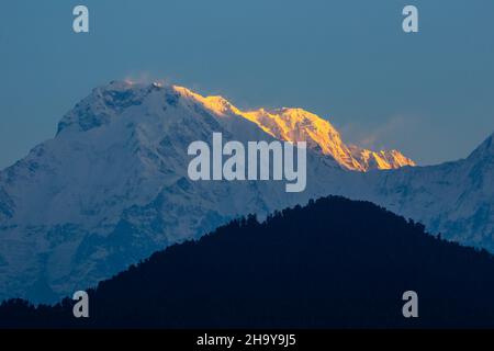 Primo faro su Annapurna Sud nel Himal Annapurna dell'Himalaya nepalese. Dhampus, Nepal. Foto Stock