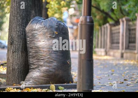 Mucchio di sacchi di rifiuti neri pieno di lettiera sinistra per pick up sul lato della strada. Concetto di smaltimento rifiuti. Foto Stock