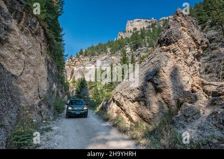 SUV a Crazy Woman Canyon, Bighorn National Forest, vicino a Buffalo, Wyoming, USA Foto Stock