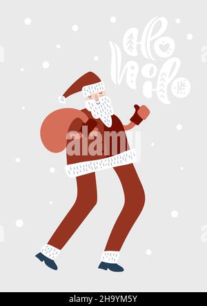 Ho ho ho ho Natale vettore calligrafico testo scritta doodle scandinavo illustrazione disegnata a mano Babbo Natale con regali. Biglietto d'auguri per l'inverno Illustrazione Vettoriale