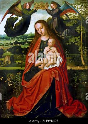 Madonna col Bambino coronata da due angeli, 1527 Ambrosius Benson (1495/1500-1550) Foto Stock