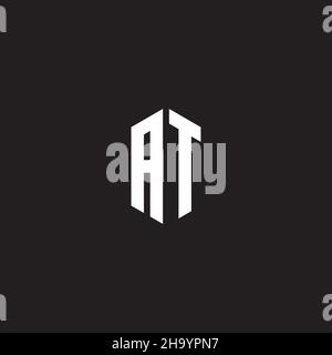 MONOGRAMMA AT Logo con modello di design a forma esagonale isolato su sfondo nero Illustrazione Vettoriale