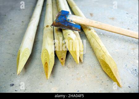 alcuni pali di legno con l'ascia pronti per lavori di costruzione Foto Stock