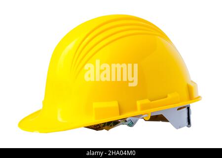 Casco da costruzione giallo su sfondo bianco. Percorso di taglio : concetto di sicurezza tecnico. Foto Stock