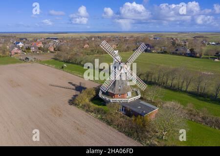 Vista aerea sul mulino a vento a Oldsum sull'isola di Föhr nel distretto di Nordfriesland / Frisia settentrionale, Schleswig-Holstein, Germania Foto Stock