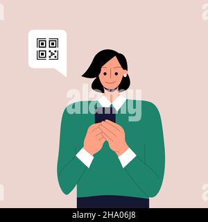 Simpatico personaggio fumetto femminile con smartphone con cartello QR. Concetto di id elettronico, identificazione, passaporto o certificato del vaccino, QR Illustrazione Vettoriale