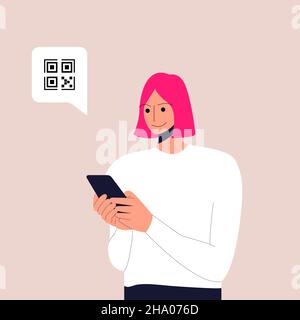 Giovane personaggio fumetto femminile con smartphone con cartello QR. Concetto di id elettronico, identificazione, passaporto o certificato del vaccino, QR Illustrazione Vettoriale