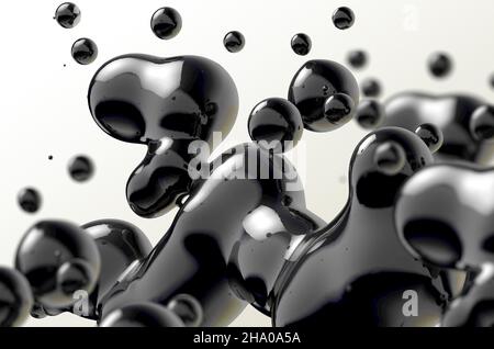 Inchiostro o fluido Shapes.Science fisica e chimica. Estratto nero gocce di liquido sfondo.3D illustrazione Foto Stock