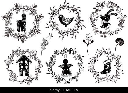 Corona di Natale bianca e nera di fiori e foglie. Corona di fiori botanici con lamas, uccello, coniglio, Angelo, Case. Accogliente carta di Natale in stile scandinavo. Decorazione invernale. Icona vettore. Illustrazione Vettoriale