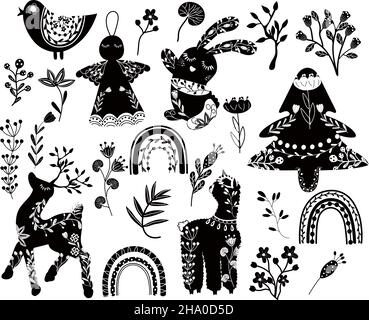 Collezione accogliente di Natale bianco e nero, cervi folcloristici, uccello, bacche, albero, Lama, Angelo natalizio, coniglio, rami fiori. Buon Natale e Felice Anno Nuovo. Biglietto d'auguri invernale. Icone vettoriali Illustrazione Vettoriale