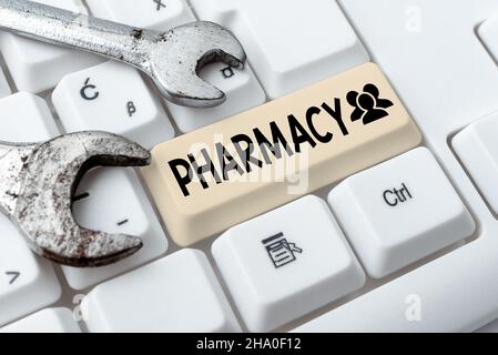 Scrittura del testo visualizzato Farmacia. Negozio di fotografia concettuale o dispensario ospedaliero in cui vengono venduti farmaci astratti facendo Virtual bookkeeping Foto Stock