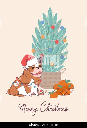 Divertente cane bulldog indossando un cappello Babbo Natale sulla carta di natale. Biglietto d'auguri vettoriale in stile piatto con lettere buon Natale Illustrazione Vettoriale